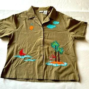 white stag, button-down shirt with tropical embroidery size XL 16/18